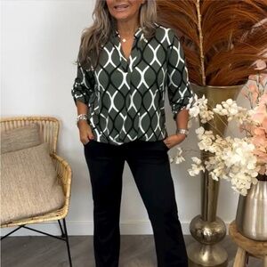 Olive Geometric Button-Up Blouse